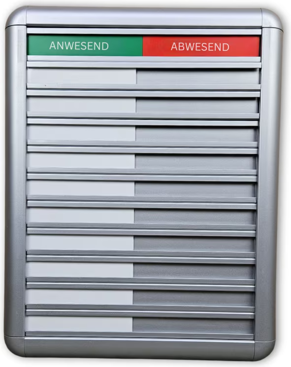 Analoge Anwesenheitstafel mit den Spalten Anwesend und Abwesend